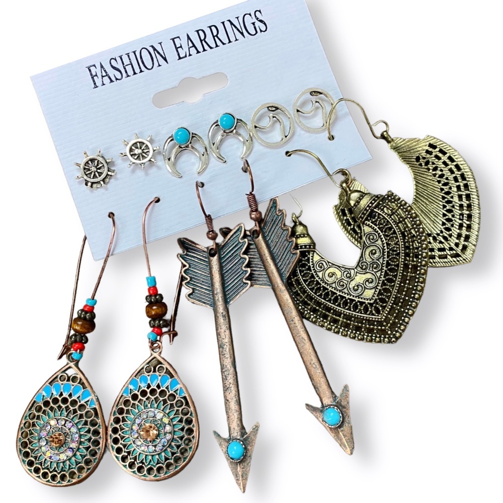 6 Pairs of Boho Hippie Gypsy Ethnic Dangle Drop + Stud Fashion Jewelry Earrings